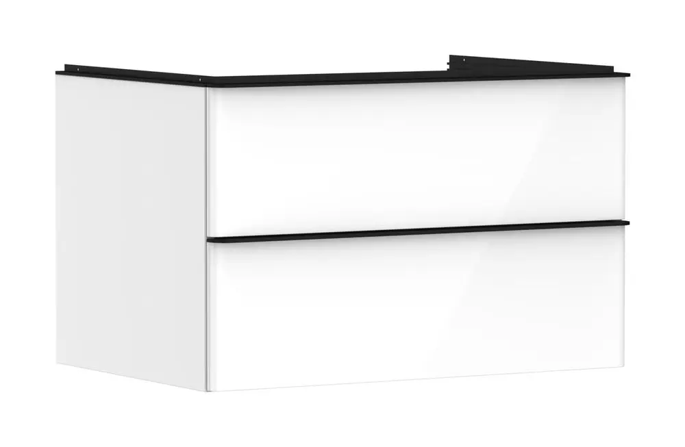 Weißer Waschtischunterschrank mit zwei Schubkästen. Hochglänzende Oberfläche und schwarze Akzentleiste. Geeignet für Hansgrohe Konsolen-Aufsatzwaschtische.